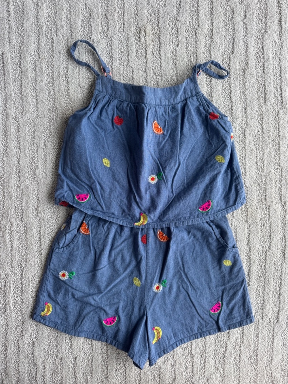 Mini Biden Girls' Blue Embroidered Fruit Tank & Shorts Romper Set size 9-10